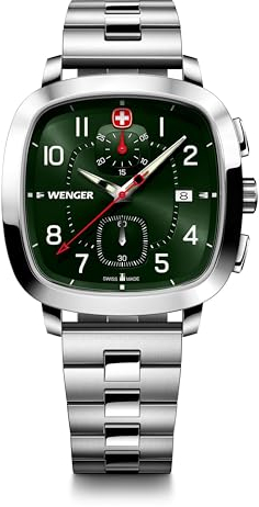 WENGER Herren Armbanduhr Vintage Sport Chrono Ø 40 mm, Swiss Made, Analog Quarz, Wasserdicht bis 50 m, Edelstahl-Armband, Grün/Silber, 01.1933.112