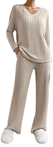 Kswlwccpp Strick Set Damen Warm Kuschelig Zweiteiler Winter Lounge Set Strickset Weites Bein Elegant Langarm Outdoor Jogginganzug Strick Set Strick Herbst Strickanzug Hausanzug