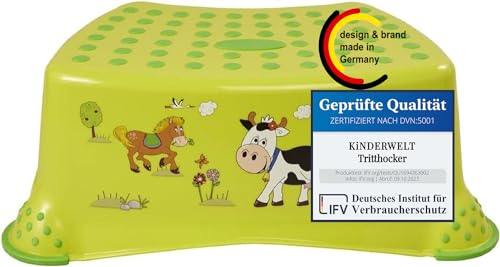 KiNDERWELT Premium Tritthocker für Kinder und Babys, Bauernhof Design in Grün, Tritthocker Stufe für Kleinkinder ab 18 Monaten, abwischbar, rutschfest und BPA-frei