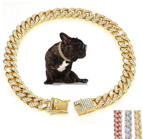 Gold Dog Necklace Collar, Glitter Rhinestone Bling Sparkly Diamond Metal Cuban Link Puppy Chain For Small Medium Large Pet Dogs, 12 inch