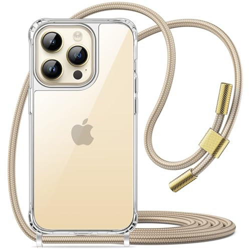JETech Crossbody Case for iPhone 14 Pro Max 6.7-Inch with Adjustable Lanyard Strap, Clear Transparent Anti-Yellowing Shockproof Protective Phone Cover with Neck Cord (Gold)