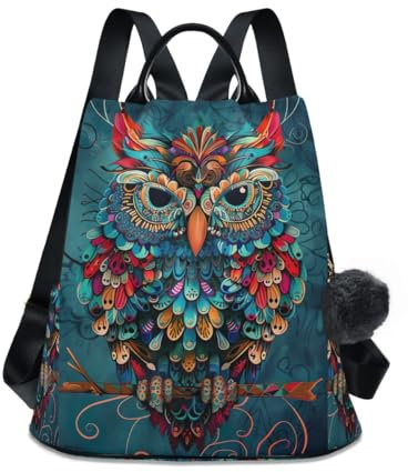 GAIREG Rucksack für Damen, Lamas, Herzen, niedlich, Anti-Diebstahl, Reisetasche, modischer Pompon-Rucksack zum Wandern, Eule Boho Ethno Blau, Einheitsgröße
