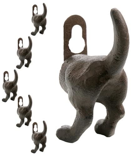Spetebo Cast Iron Wall Hooks Dog Popo Brown – Set of 6 – Dog Coat Hooks in Antique Look – Dog Tail Wall Coat Hook for Dog Lead Dog Harness Keys Jackets
