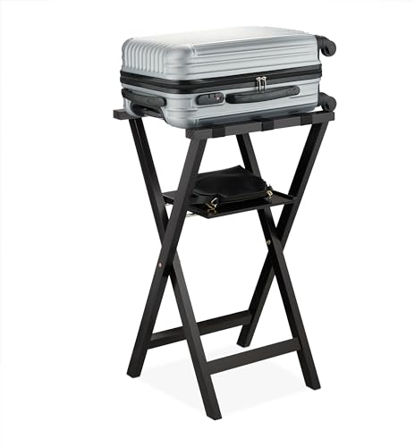 Relaxdays Portavaligie da Camera, Stand Reggivaligia Pieghevole, Porta Valigie con Ripiano, 81x46x43 cm, in Legno, Nero
