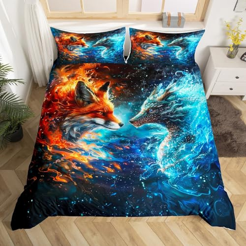 Bettwäsche-Set mit Fuchs- und Drachen-Motiv, Motiv: Eis und Flamme, Galaxie-Universum, für Kinder, Mädchen, Jungen, Herren, Raumdekoration, westlicher magischer Stil, Tier-Bettbezug, cooler