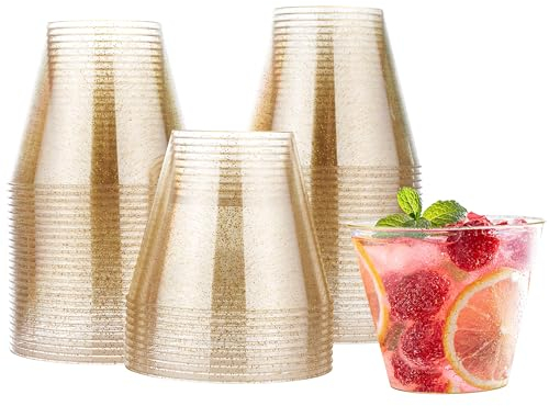 MATANA 120 Premium Clear Hard Plastic Cups, Party Cups with Gold Glitter (255ml / 9oz) - Reusable Gold Plastic Glasses, Tumblers for Drinks, Cocktail, Wine, Dessert, Wedding, Parties