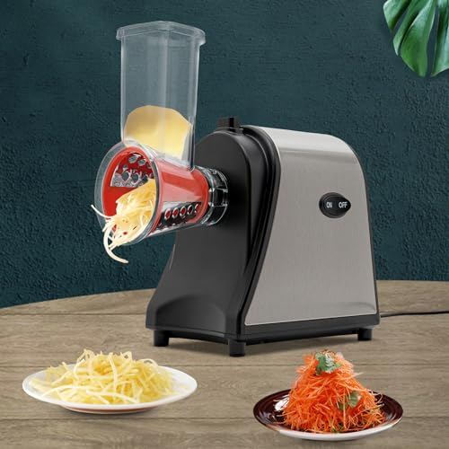 Affettatrice elettrica, 1000 W, con 5 tamburi, grattugia per frutta e verdura, affettatrice per patate, ravanelli, cetrioli, cipolle, 19 x 12,5 x 20 cm