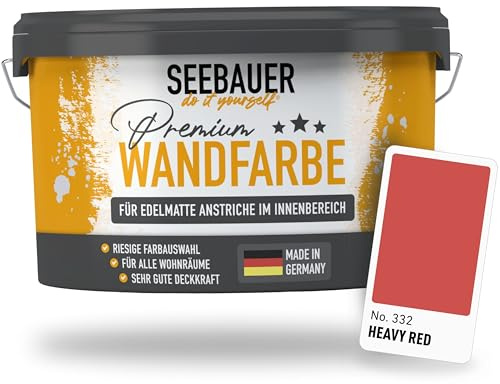 SEEBAUER diy Wandfarbe Rot 5L für Innen (No. 332 Heavy Red) Edelmatte rote Innenfarbe - Rottöne sehr hohe Deckkraft - Matt, Abwaschbar und Tropffrei
