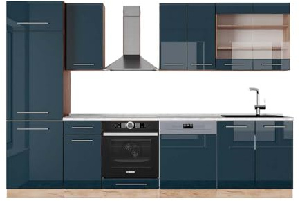 Vicco Küchenzeile Fame-Line, Dunkelblau Hochglanz/Goldkraft Eiche, 300 cm, AP Marmor, geeignet für individuelle Modul-Erweiterung und Flexible Anordnung