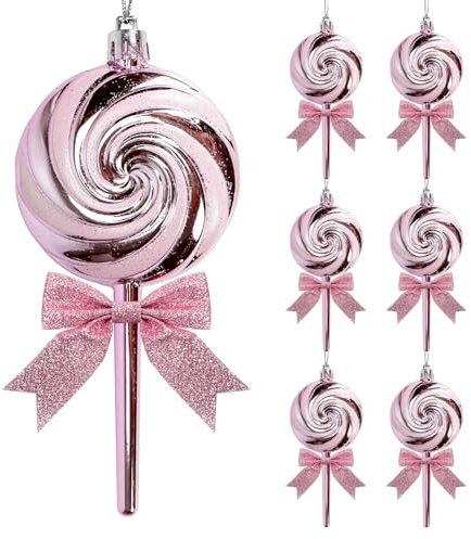 Pack of 6 Candy Christmas Decoration,Shiny & Glitter Lollipop Hanging Ornaments with Glitter Bows for Christmas Tree Wreaths Holiday Decoration (Pink)