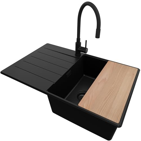 PRIMAGRAN Granitspüle ab 50er Unterschrank + Küchenarmatur, 78x50cm | Set: Küchenarmatur BW6020 + Ablauf-Set + Schneidebrett + Spülbecken 1 Becken - Kopenhagen Top, Alles Schwarz