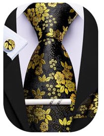Barry.Wang Black Gold Tie Floral Silk Mens Necktie Pocket Square Cufflinks Set Formal Wedding