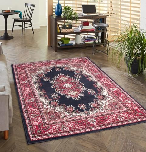 Lord of Rugs Lancashire Traditional Rug for Living Room, Bedroom, Hallways Lounge Classic Carpet Floral Bordered Medallion Oriental Rug Navy Blue, Round 120x120 cm (4x4')