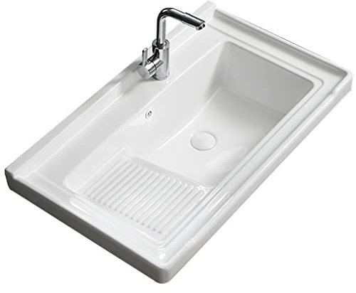 ASerZenith Grande lavandino per Lavanderia da Bagno Rettangolare in Ceramica, lavandino da Balcone, Vasca da Lavanderia Semi-incassata con ASSE da Lavaggio e Rubinetto(White-82x48cm)