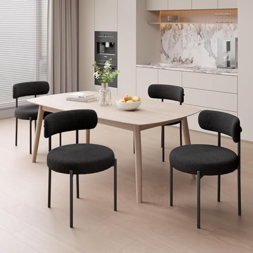 Hawthyhome Esszimmerstühle 4er Set丨Teddy Stoff Runde Boucle Stühle·Mid-Century gepolsterte Küchenstühle·Dining Chairs mit Metallbeinen·schwarz·FU01031BL-4