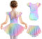 Arshiner Mädchen Ballettkleidung Regenbogen Ballettkleid Zweiteiliges Kinder Baumwolle Tanzkleid Rückenfrei Ballett Trikot Ballettanzug Tanztrikot Kleinkind Ballerina Kleid mit Tütü 110/2-3 Jahre