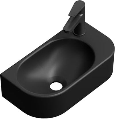 EMKE Lavabo Suspendido 400 x 215 x 120 mm – Lavabo Compacto y Elegante para Pequeños Baños y WC de Invitados – Grifo a la Derecha, Instalación en la Pared,Negro Mate