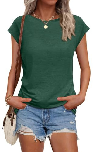 AirMood Womens Cap Sleeve Crewneck Tshirt Tops Summer Casual Plain Tee Shirt (Green,M)