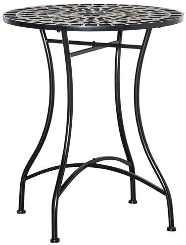 Outsunny 60cm Mosaic Garden Table, Outdoor Side Table with Ceramic Top, Small Round Table for Patio, Balcony, Black