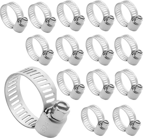 15Pcs Hose Clips Stainless Steel, 16-25mm Jubilee Clips, Assorted Hose Clamps, Adjustable Pipe Clips Worm Drive Small for Flexible Exhaust Hose Pipe, Washing Machine, Garden Connections