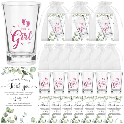 ULELE 60 Sets Baby Shower Favors for Guests Boy Girl Theme Party Gift with Acrylic Clear Shot Glasses Thank You Card Organza Bag Tea Party Favor Return Gift for Gender Reveal Birthday Party (Pink)