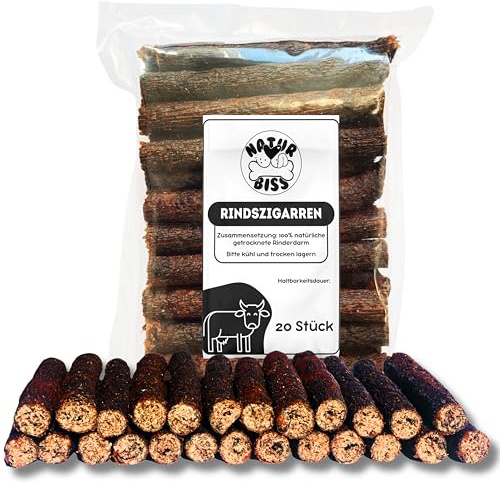 Naturbiss Hundezigarren aus RIND - 20 Stück (12 cm) - Hypoallergen & Getreidefrei Zigarre - Monoprotein, Muskelfleisch Rollen - luftgetrocknetes Rindefleisch Hundesnack