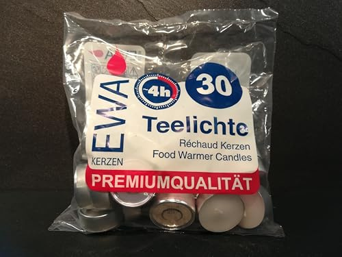 EWA Teelichter weiß mit Metallhülle, 30er Beutel ca. 39 x 15 mm, Brenndauer 4 Stunden, für Windlichter, Gastro/Gastronomie, Duftlampen, dekorative Elemente, Speisewärmer, Party, Weihnachten (1)