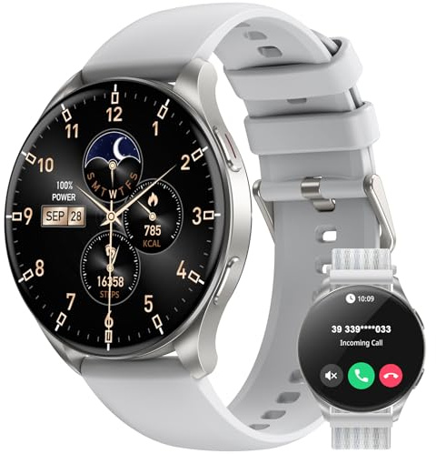 IOWODO Smartwatch Damen Herren 2026 (Rund 1.43 AMOLED) | Bluetooth Anrufe + 380mAh Akku (7 Tage) | 2 Armbänder | IP68 Wasserdicht | 100+ Sportmodi | 24/7 Puls+SpO2+Schlafanalyse | iOS/Android