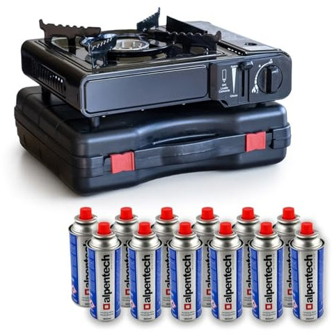 Intec - Hornillo de gas de 2200 W + 12 cartuchos de gas butano Camping