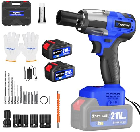 Akku Schlagschrauber 550N.m, 1/2 Zoll Blau Akku Bohrschrauber Akkuschrauber Drehschlagschrauber mit 2x Akku, 3400RPM, 3-in-1-Schlagschrauber mit LED Licht 4 Stecknüsse, 12Bohrer, für Haus und Auto