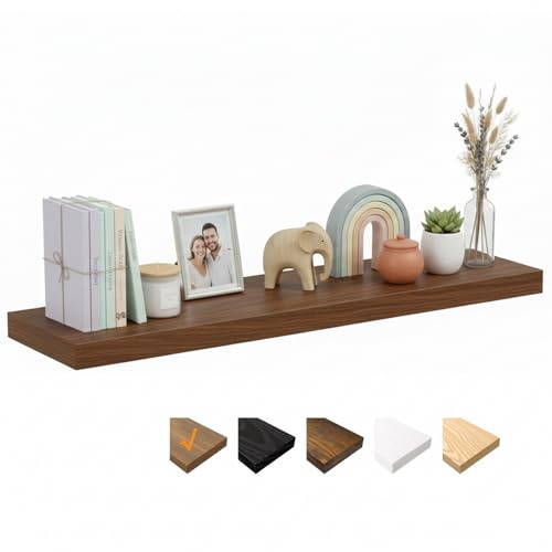 RICHER HOUSE Walnuss Wandregale, 120 x 23,5 x 3,8 cm Wandboard Holz, Holzregal Wand mit unsichtbaren Halterungen, Schweberegal für Schlafzimmer, Wohnzimmer, Badezimmer, Küche, Waschküche, Büro