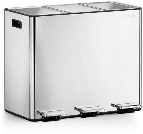 mVm Cubo de Basura para la Cocina, 3 Compartimentos 3 x 15L Cubo de Basura Cocina, Papelera Moderna y Robusta, Cierre Suave, para Cocina, Salón, Plata