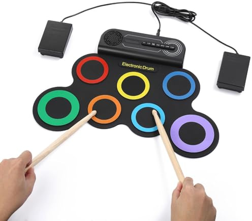 Bewinner Ensemble de Batterie électronique, Kit de Batterie à 7 Tampons, Haut-Parleur intégré avec Baguettes et Pédales, Tapis D'entraînement de à Main pour Enfants et Adultes
