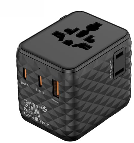 WZ Universal Travel Adapter, Worldwide Travel Plug Adapter 25W GaN III Tech Diamond, International Fast travel plug 2×USB-C & 1×USB-A Port, C Plug UK/EU/USA/AU & 200+ Countries with Dual 10A Fuse