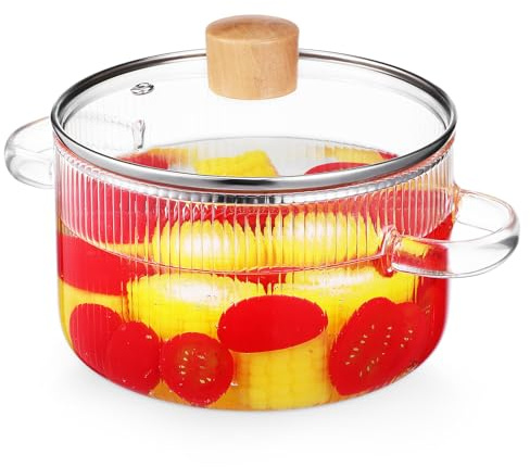 CATIEBYE Glass Simmer Pot Multi-Functional Stewing Pot with Lid and Double-Handle Design 1.6l Highly Ribbed Body for Stove Use, for Soup and Cooking
