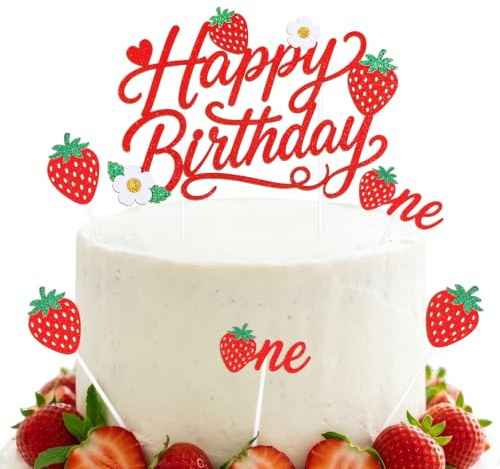 DOORIO 7 Stück Erdbeer Deko Geburtstag Torte Happy Birthday Tortendeko Kuchendeko 1. Geburtstag Mädchen Jungen Kinder 1 Jahr Torten Dekoration Kinderparty Rot