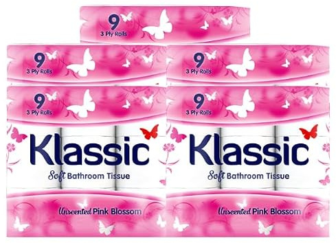 Pink Blossom 45 Rolls 3-Ply Soft & Strong Unscented Toilet Paper Bulk Pack (9 Rolls × 5 Packs) for Home & Commercial Use