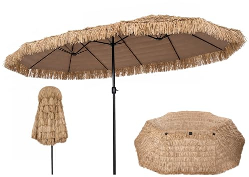 COSTWAY Parasol Double Tropical en Paille 4,5 x 2,7 m, Terrasses, Jardin | Parasol de Plage Exterieur, Manivelle Lisse, 12 Baleines, Goupille Réglable, Protection Solaire, Imperméable, Jardin