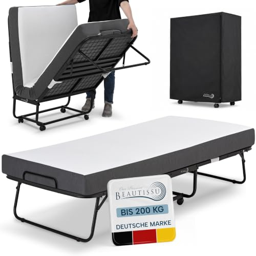 Beautissu Klappbett Gästebett Klappbar für Erwachsene bis 200 kg Rollbett | 90x200cm 13cm Dicke Matratze Memory Schaum Faltbett 4 feststellbaren Rollen Platzsparend mit Schutzhülle Notbett Traumkraft D