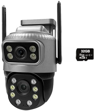 Telecamera di sicurezza, Telecamera IP 4G con scheda SIM, doppio obiettivo, impermeabile, monitor di sorveglianza for esterni, visione notturna, protezione sicurezza CCTV domestica(Camera 32G Card)