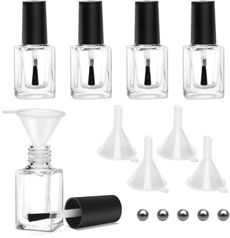 Adecco LLC Empty Nail Polish Clear Bottles with Brush Cap Funnel and Mixing Ball (15ml 5p)