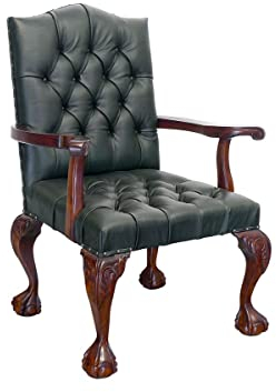 Bürostuhl im antiken Stil mit grünem Leder | Stuhl Armlehnstuhl Sessel | Massivholz dunkel-braun | B: 80 cm (3287)