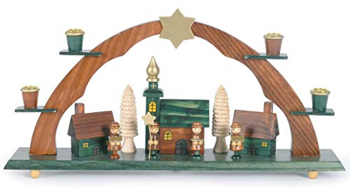 Schwibbogen für echte Kerzen/Kirche und Kurrende Natur-grün/Lichterbogen Kunsthandwerks-Stil, handgefertigt/Deko zu Weihnachten