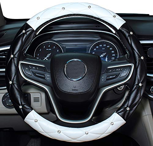 Mayco Bell Diamond Lenkradabdeckung für Frauen, Leder Bling Cute Car Lenkradabdeckung Universal 15 Zoll mit Crystal Diamond (Weiß Schwarz)
