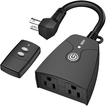 HBN Interruptor de toma de corriente eléctrico inalámbrico de largo alcance resistente al agua (color negro), toma de tierra doble con 1 mando a distancia, ideal para luces decorativas, hogar y jardín