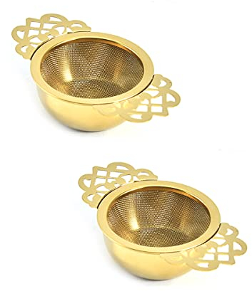 Tea Strainers,2 Pack Stainless Steel Tea Filter with Bowl,Lace Double Handles Traditional Loose Leaf Tea Strainer Ultra Fine Mesh Tea Infuser,Gold