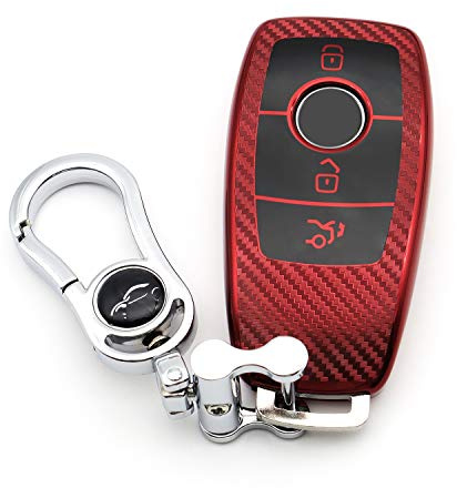 M.JVisun Soft Carbon Fiber Finish Car Key Fob Cover For Mercedes-Benz A-Class & E-Class - Electroplated TPU Case With Metal Keychain - Red