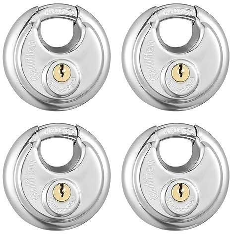 Guliffen Cadenas à disque à clés identiques, cadenas à disque en acier inoxydable avec clé pour unité de rangement, abris de jardin, garages et remorques, lot de 4 serrures avec clés