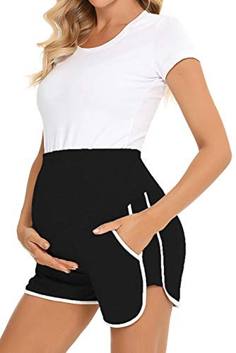 Happy Cherry Damen Mutterschaft Kurz Hose Schwangerschafts Sommer Umstandsshorts Kurze Umstandshose Schwangere Kurz Freizeithose Weich Atmungsaktiv Schwangerschafts Shorts Bequem Shorts-Schwarz-XL