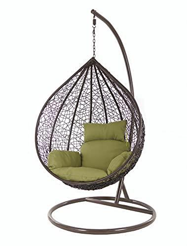 KIDEO Korbsessel: XXL Hängesessel mit Gestell & Kissen, Poly-Rattan, braun, groß (Kissen: Nest grün [6900 Forest])